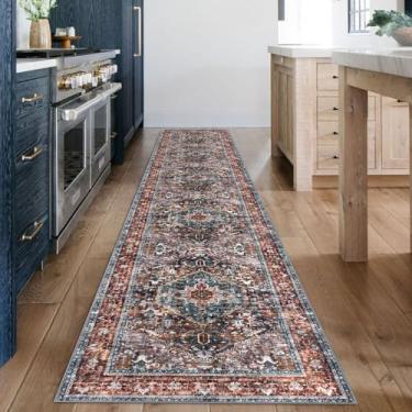 Imagem de KOZYFLY Corredores para corredores de 6 x 3 m lavável tapete de cozinha boho longo corredor para entrada interior impresso tapete de lã sintética para quarto cozinha hall, vermelho tijolo/laranja