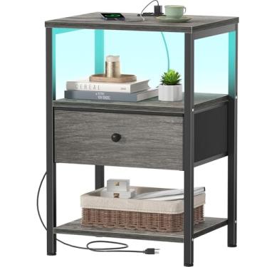 Imagem de BOLUO Mesa de cabeceira cinza com estação de carregamento, mesa de cabeceira de LED com gavetas e prateleira de tecido, mesa de cabeceira com portas USB e tomadas, mesa de cabeceira moderna para