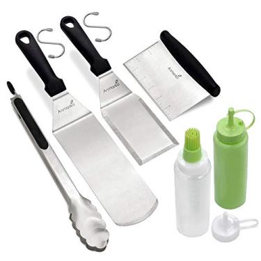 Imagem de Conjunto de espátulas de metal de aço inoxidável e raspador - Conjunto de 6 espátulas de chapa de chef profissional - Acessórios resistentes, ótimos para churrasqueira de ferro fundido, frigideira