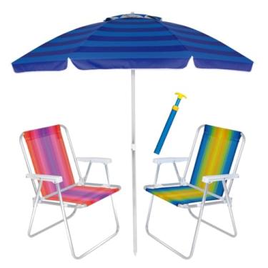 Imagem de Kit Praia 2 Cadeira Alta Alumínio + Guarda Sol 2m Alum + Saca Areia Pressão - Mor (Azul)