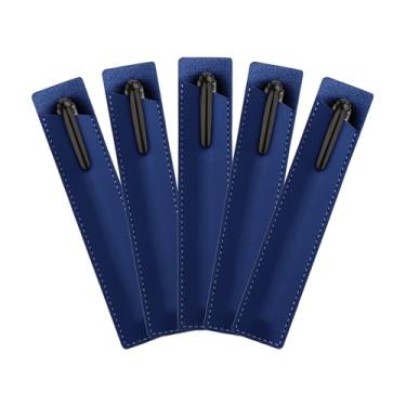 Imagem de Wumuzai Pacote com 5 capas de couro PU para caneta única, pequena bolsa para caneta-tinteiro, estojo de transporte para caneta de bolso, organizador de capa protetora para caneta esferográfica Stylus Touch Pen (azul)