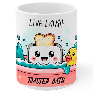 Imagem de Caneca de café de cerâmica Live Laugh Toaster Bath 325 ml humor escuro Meme - Caneca de chá e café com aderência confortável - Presente divertido exclusivo copo branco para escritório ou casa