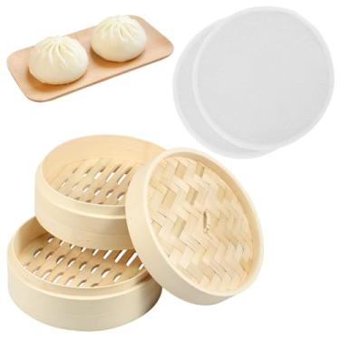 Imagem de Cesta de vaporizador de bambu cesta de cozimento a vapor de 2 camadas com tampa e pano de cozimento a vapor reutilizável para cozinhar em 2 tamanhos cesta de bambu para cozinhar frutos do mar e peixes