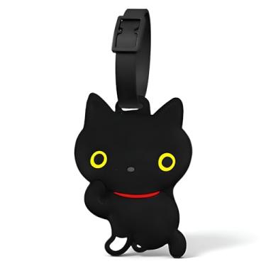 Imagem de Etiquetas de bagagem – Linda etiqueta de silicone para malas e mochilas, etiqueta preta com nome de identificação com alça segura, acessórios de viagem para mulheres, homens e crianças (gato preto)