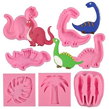 Imagem de Moldes de silicone para fondant de dinossauro (7 peças), molde de argila de garras de dinossauro de desenho infantil para decoração de bolos, artesanato de açúcar. Decoração de cupcake de Natal com