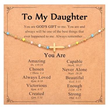 Imagem de IKIATY Presentes de filha de mãe e pai, pulseiras de cruz cristã para meninas adolescentes, cesta de aniversário, Páscoa, Natal, meias de Natal, presentes de dia dos namorados para filhas e