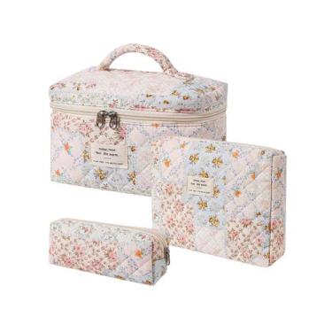 Imagem de Bolsa de maquiagem uekeboag, algodão acolchoado, coquete floral, 3 peç