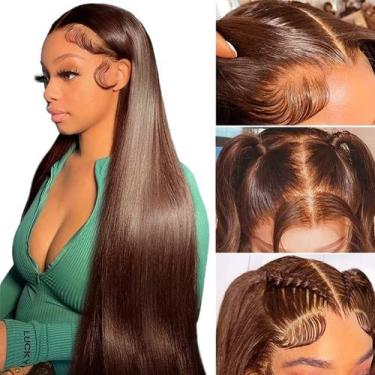 Imagem de Peruca Flady Brown Straight Human Hair 150 Density para mulheres