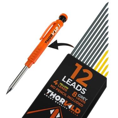 Imagem de THORVALD 12 grafites para lápis de carpinteiro - incluindo 8 cinza + 4 amarelos - grafite forte de 2,8 mm para lapiseiras/madeira - metal - concreto - azulejo