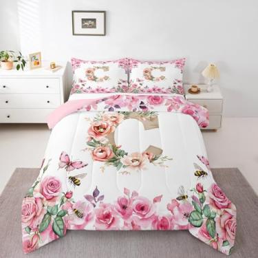 Imagem de Erosebridal Conjunto de edredom casal com inicial A-Z, letra C, para crianças, meninos, meninas, edredom floral, monograma, romântico, rosa, alfabeto reversível, com 2 fronhas, quente