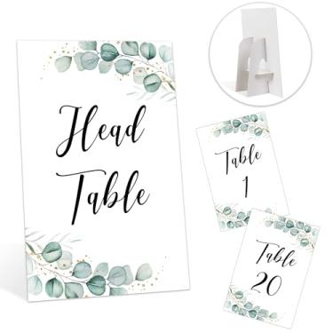 Imagem de 21 números de mesa de eucalipto verde para casamento, números de mesa de casamento 1-20 com números de mesa de cabeça, decoração de mesa de casamento, centros de mesa de casamento para recepção de