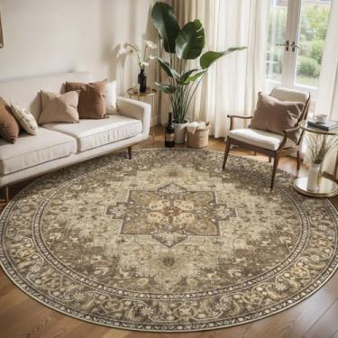 Imagem de Ciicool Boho Circle Tapete lavável 1,8 x 1,8 m redondo tapete de quarto antiderrapante tapete oriental tapete de piso de pelo baixo para sala de jantar, sala de estar