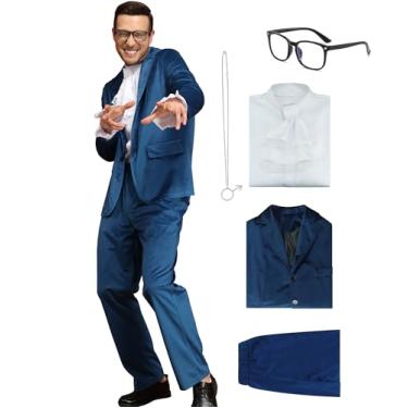 Imagem de JQAKFIY Fantasia masculina Austin Power dos anos 80, 90, cafetão, fantasia de espião dos anos 60, roupa azul ou roxa, swinger com óculos, Azul, M