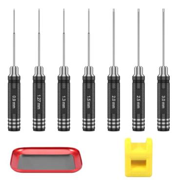 Imagem de Conjunto de 7 chaves hexagonais RC 0,9 mm, 1,27 mm, 1,3 mm, 1,5 mm, 2,0 mm, 2,5 mm, 3,0 mm, kit de ferramentas de chave de fenda hexagonal de titânio com desmagnetizador e disco de parafuso para drone