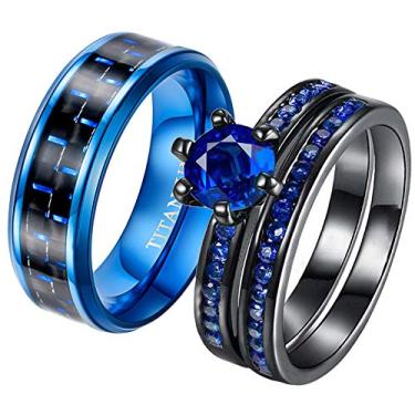 Imagem de ringheart 2 anéis para ele e ela anéis de casal preto CZ conjuntos de alianças de casamento femininas aço titânio masculino alianças de casamento, women size8 & men size10, Metal Cristal Metal Cristal