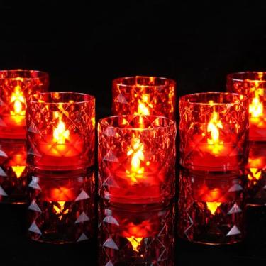 Imagem de Homemory Velas votivas sem chama com temporizador, cera real de 5 cm x 5 cm, velas vermelhas realistas operadas por bateria de 150 horas, conjunto de 6 para decoração de casamento, festa e feriado