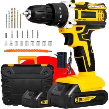 Imagem de Furadeira e Parafusadeira de Impacto Sem Fio 21V com LED, 2 Baterias Recarregáveis Bivolt e 32 Acessórios - Maleta Completa para Uso Profissional e Doméstico