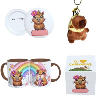 Imagem de Kit Presente Capivara – Caneca + Pelúcia + Botton + Caixa Decorada