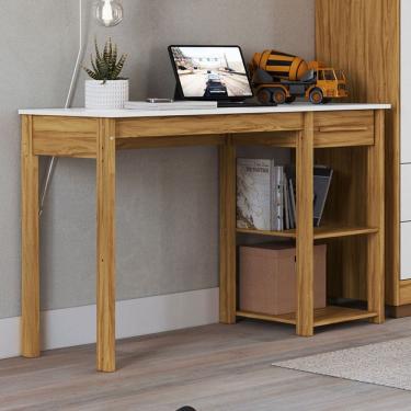 Imagem de Mesa Infantil 1 Gaveta 2 Prateleiras 100% Mdf 7994 Branco Brilho/Amêndoa - Móveis Peroba