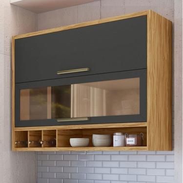Imagem de Armário Aéreo Cozinha 120 Cm Syrah 2 Portas com Vidro 100% Mdf Amêndoa/Cinza - Rio Doce