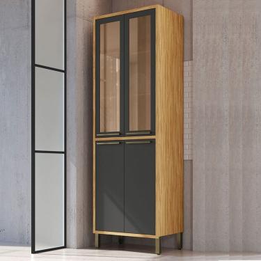 Imagem de Paneleiro Syrah 4 Portas 4 Prateleiras com Vidro 100% Mdf Amêndoa/Cinza - Rio Doce