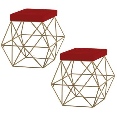 Imagem de Kit 2 Puffs Decorativo Sala de Estar Base Gold Trixie Veludo Vermelho - Gran Belo