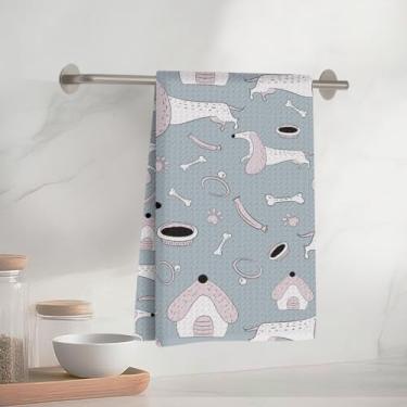 Imagem de Toalhas de cozinha adoráveis de cachorro de desenho animado 61 x 35 cm, toalha de prato decorativa de microfibra absorvente, toalhas de mão de waffle para cozinha, casa, banheiro, presentes para