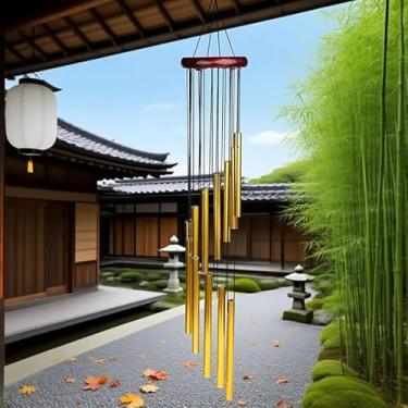 Imagem de Sinos de vento ao ar livre Sinos de vento de jardim com 12 tubos de liga de alumínio para decoração de pátio de jardim (dourado)