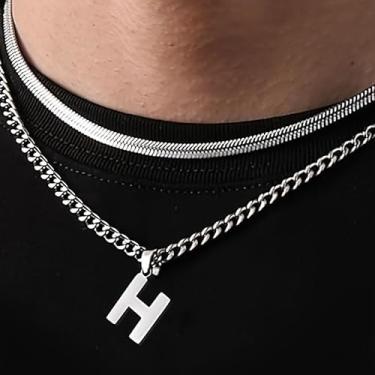 Imagem de Coleção de 26 colares com pingente de alfabeto em camadas, design de corrente dupla (cobra e elos cubanos), joias urbanas hip hop para uso diário e casual, One Size, Aço inoxidável, Sem Pedra Preciosa