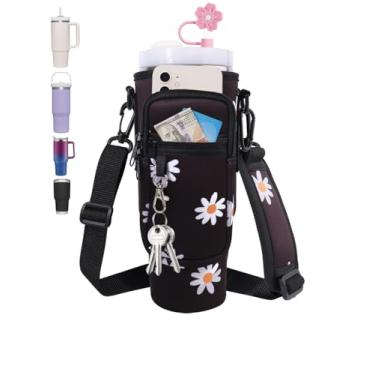 Imagem de Suporte para garrafa de água de neoprene com bolso para telefone e mosquetão - alça ajustável para copos Stanley de 30/1,134 g, acessórios para copo com zíper duplo, preto floral