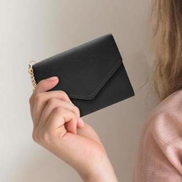 Imagem de Carteira feminina de poliuretano pequena e delicada, design de botão com zíper com vários compartimentos para cartões e pingente de borla para compras, viagens, encontros, Preto