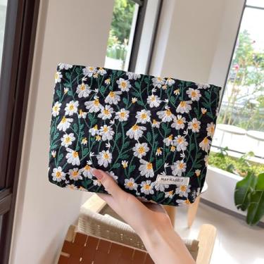 Imagem de Bolsa de maquiagem floral de lona de algodão leve para viagem e armazenamento diário, Preto, F, Sacos de cosméticos