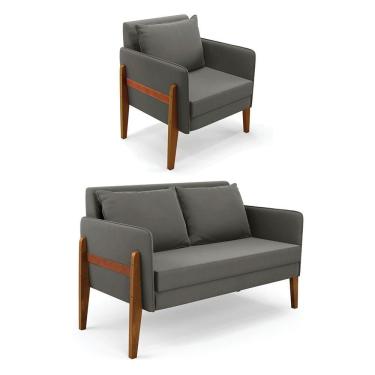 Imagem de Kit 1 Sofá Namoradeira E 1 Poltrona Lana Suede Base De Madeira - D'rossi Cor Grafite