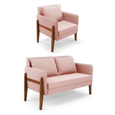 Imagem de Kit 1 Sofá Namoradeira E 1 Poltrona Lana Veludo Base De Madeira - D'rossi Cor Rose