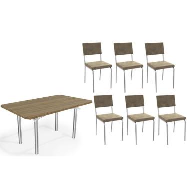 Imagem de Conjunto: Mesa Sala Jantar Elba C- Tampo De Madeira 160cm E 6 Cadeiras Zaria Cromada-nogueira - Suede Bege - Kappesberg