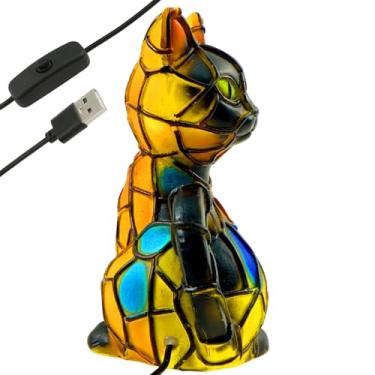 Imagem de Lâmpada vintage para gatos feita à mão, óculos de resina manchada, lâmpada noturna prática de mesa para sala de estar, quarto, estudo, escritório em casa (gato A)