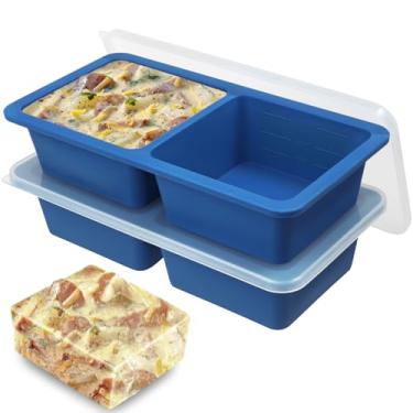 Imagem de KOLUTI Bandeja de silicone antiaderente para congelador com 2 cubos de sopa com tampa de plástico, 2 pacotes de moldes grandes de cubos de gelo de 400 ml, recipiente empilhável para preparação de