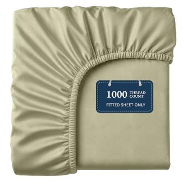 Imagem de Lane Linen Lençol Queen 100% algodão egípcio (155 x 205 cm + 41 cm) - Tecido acetinado elegante, ultramacio, respirável, altamente durável, bolsos profundos de até 43 cm - espuma do mar