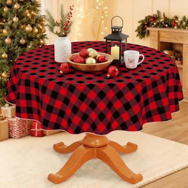 Imagem de Smiry Toalha de mesa redonda de plástico, toalha de mesa de vinil impermeável com forro de flanela, capa de mesa xadrez de búfalo limpa para jantar, interior e exterior (vermelho e preto, redondo de