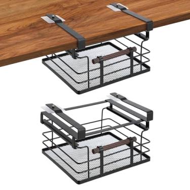 Imagem de Home Zone Living Organizador de armário de cozinha com gaveta removível embaixo da prateleira com cesta de malha de aço e alça de madeira, comprimento de 28 cm