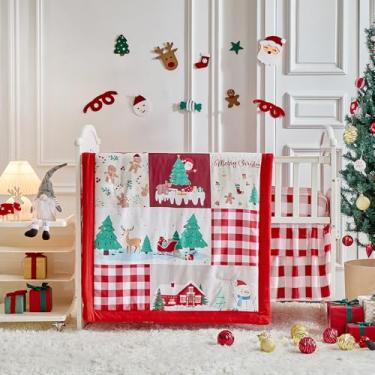 Imagem de Shxime Jogo de cama de berço de Natal com design de boneco de neve vermelho e branco, 3 peças, lençol com elástico e saia para cama, conjunto de berço de Natal