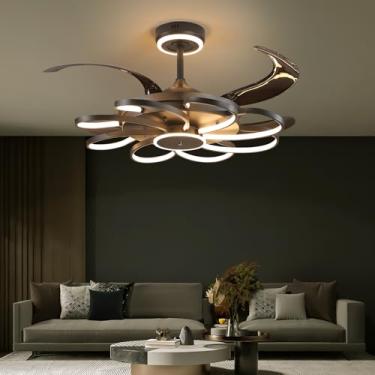Imagem de inrichifeir Ventilador de teto retrátil de 122 cm com luzes lustre moderno com ventilador remoto sem lâminas luz de teto para quarto sala de estar 6 velocidades preto (122 cm)