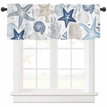 Imagem de Cortina de decoração azul estrela do mar cortina de cozinha para janela vida marinha oceano costeiro haste bolso sanefa cozinha tratamento de janela para quarto sala de estar 107 x 30 cm