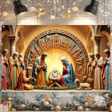 Imagem de BlissYard Banner de presépio 188 x 109 cm, faixa religiosa de Natal, bebê Jesus, manjedoura, família sagrada, pastores, anjos, igreja, decoração de Natal, fundo de cabine de fotos