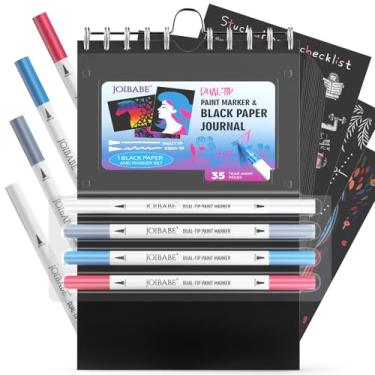 Imagem de joibabe Conjunto de caderno de desenho de papel preto: 14 x 21,6 cm, 100 g/m2, sem anúncios, 35 folhas de papel preto e conjunto de 4 marcadores de acrílico de ponta dupla para desenho, esboço e