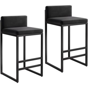 Imagem de Conjunto De 2 Banquetas De Bar De Veludo Para Café Da Manhã Com Encosto - Pernas De Metal Preto, Apoio Para Os Pés, Banquetas De Balcão Para Pub, Bar, Cafeteria - Al, White, Seat Height 65cm
