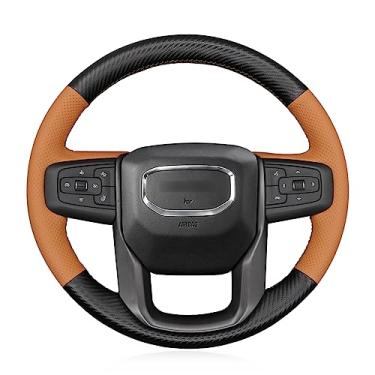 Imagem de MEWANT Capas de volante de carro para GMC Sierra 1500 / Sierra 1500 Limited/Sierra 2500 / Sierra 3500/ Yukon (XL) Feitas de fibra de carbono fosco e couro artificial marrom
