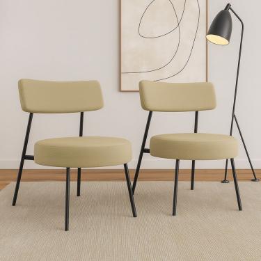 Imagem de Kit 02 Poltronas Decorativas Sala De Estar Kobe Estofada Com Encosto Linho Bege - Abmaza