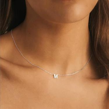 Imagem de Colar feminino com pingente delicado de prata esterlina com pingente de letra A-Z ajustável de aço inoxidável não mancha, joias de aniversário, presentes para mulheres, 15.7+2", Aço inoxidável, Sem