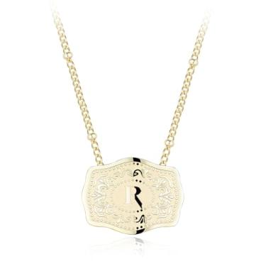 Imagem de Colar com pingente de letra inicial banhado a ouro 14K com fivela de cinto em relevo, compre 1 e ganhe 2 correntes, colar personalizado para mulheres, 18 inches +2 inches extender, Liga de aço, Sem